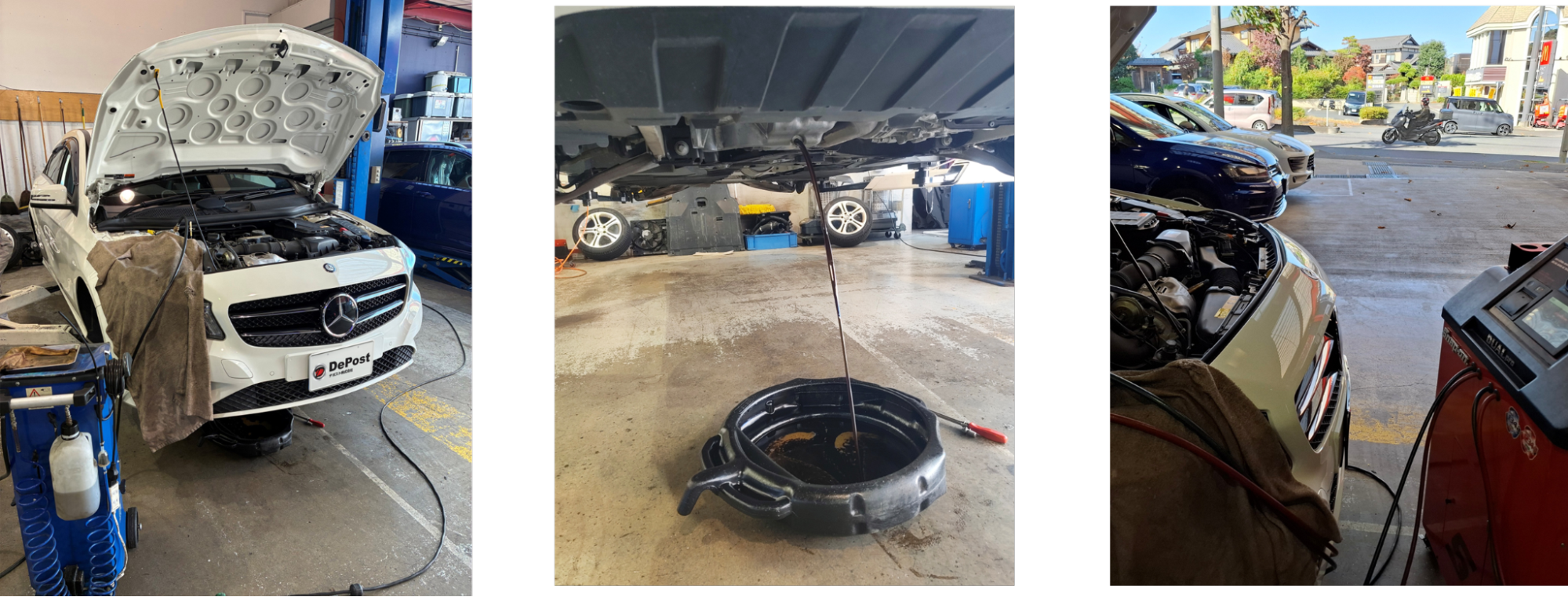 ベンツ A180 ブレーキフルード交換・エア抜き、エンジンオイル・オイルフィルター交換、エアコンラインドライ洗浄