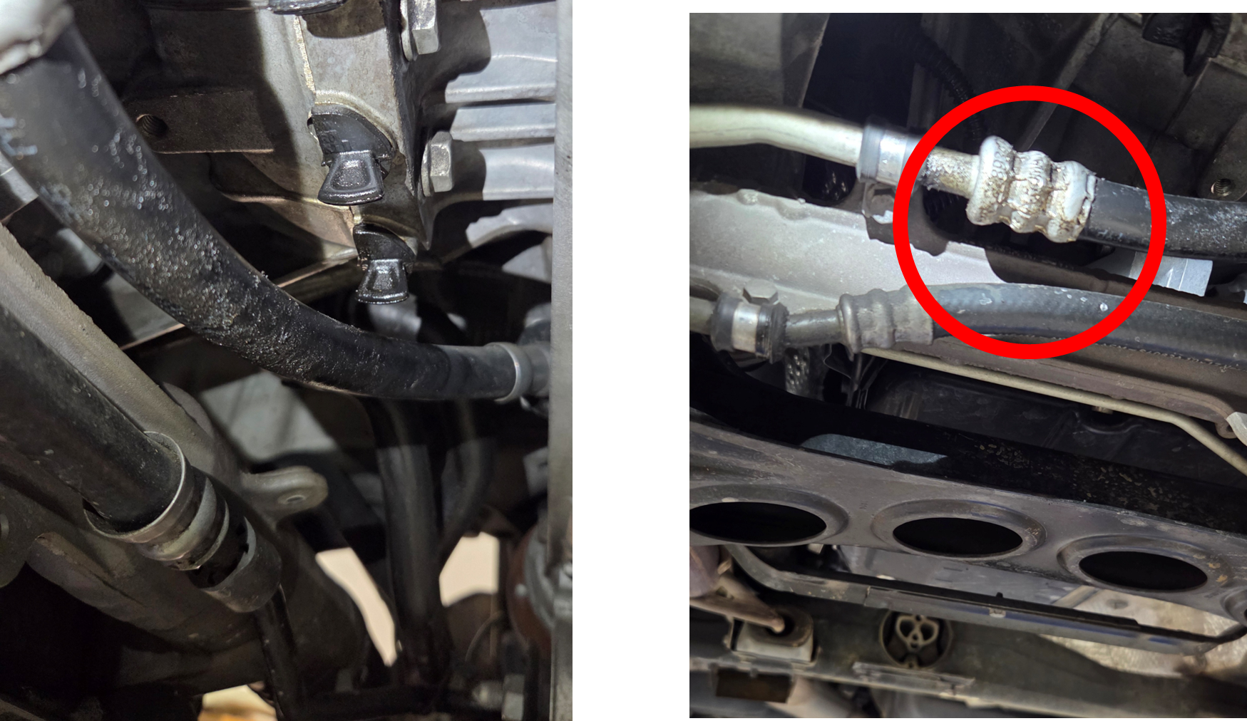 ポルシェ　カイエン　エンジンオイルパンとパワーステアリングホースに滲み