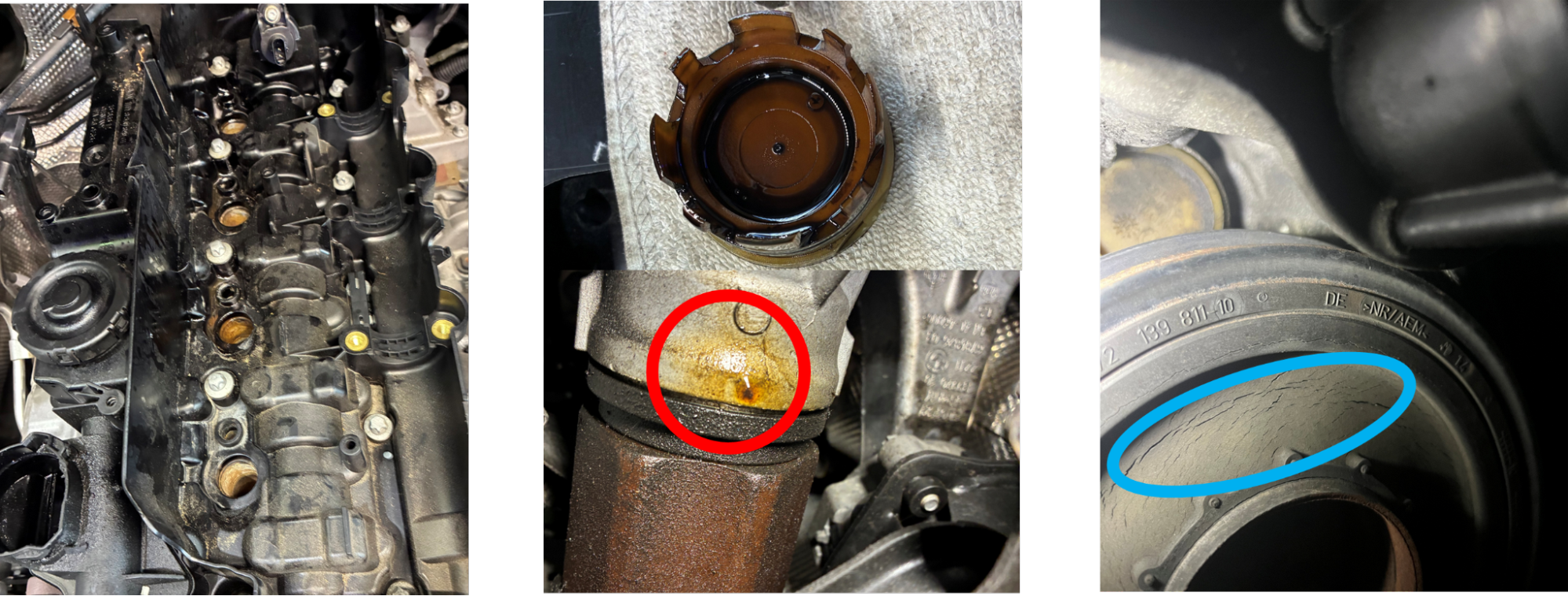 BMW　X3　エンジンヘッドカバーオイル漏れ、リアクランクシールオイル漏れ、プーリーヒビ割れ