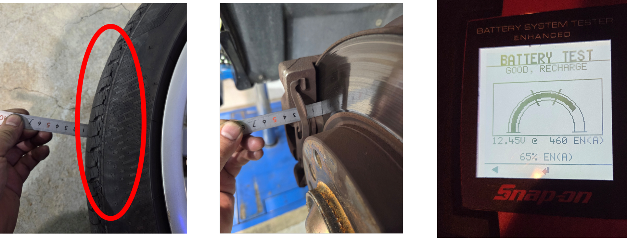 BMW 320i タイヤ残量測定、ブレーキ残量測定、バッテリー電圧測定