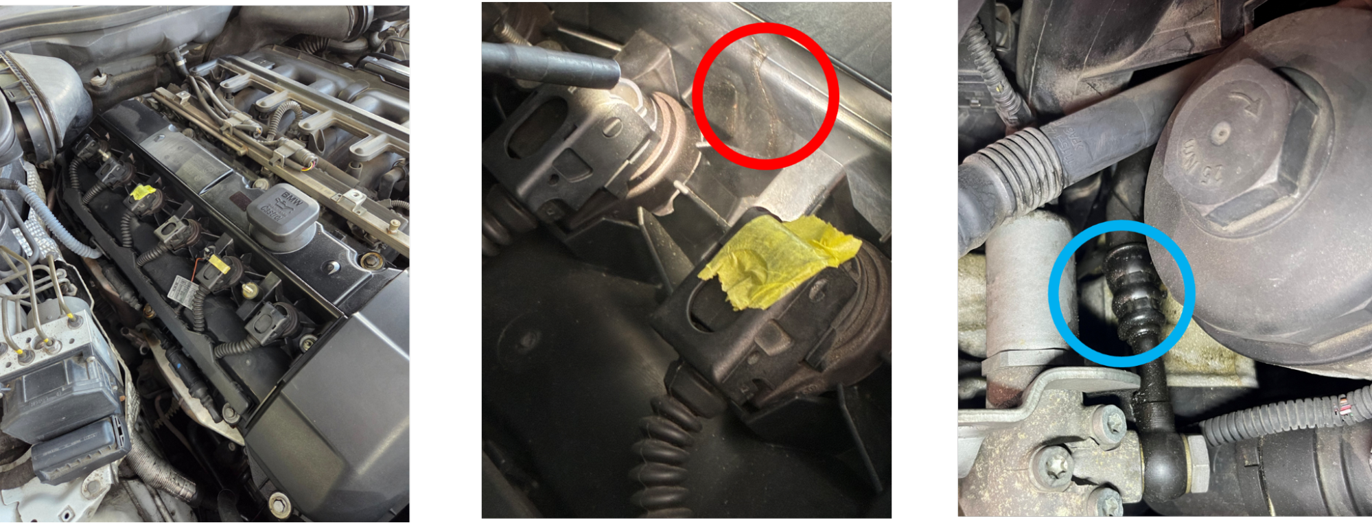 BMW 525i　イグニッションコイルとスパークプラグ動作不良、バノスオイルホースオイル漏れ