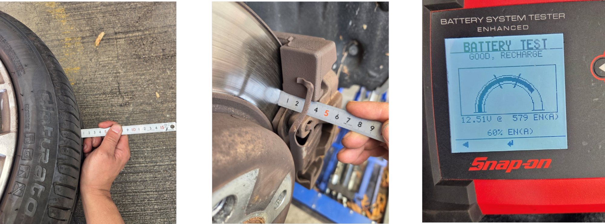 BMW 523d タイヤ・ブレーキ残量測定、バッテリー電圧測定の様子