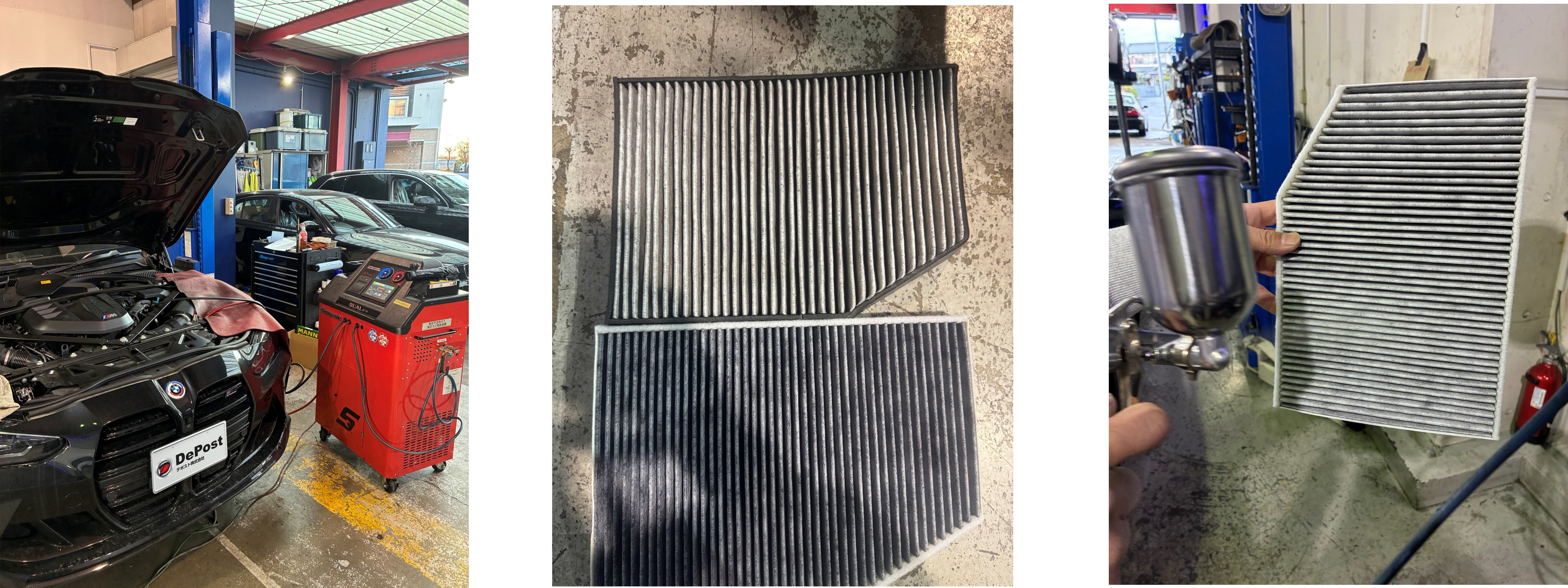 BMW M4 エアコンラインドライ洗浄、エアコンフィルター交換、デオファクター