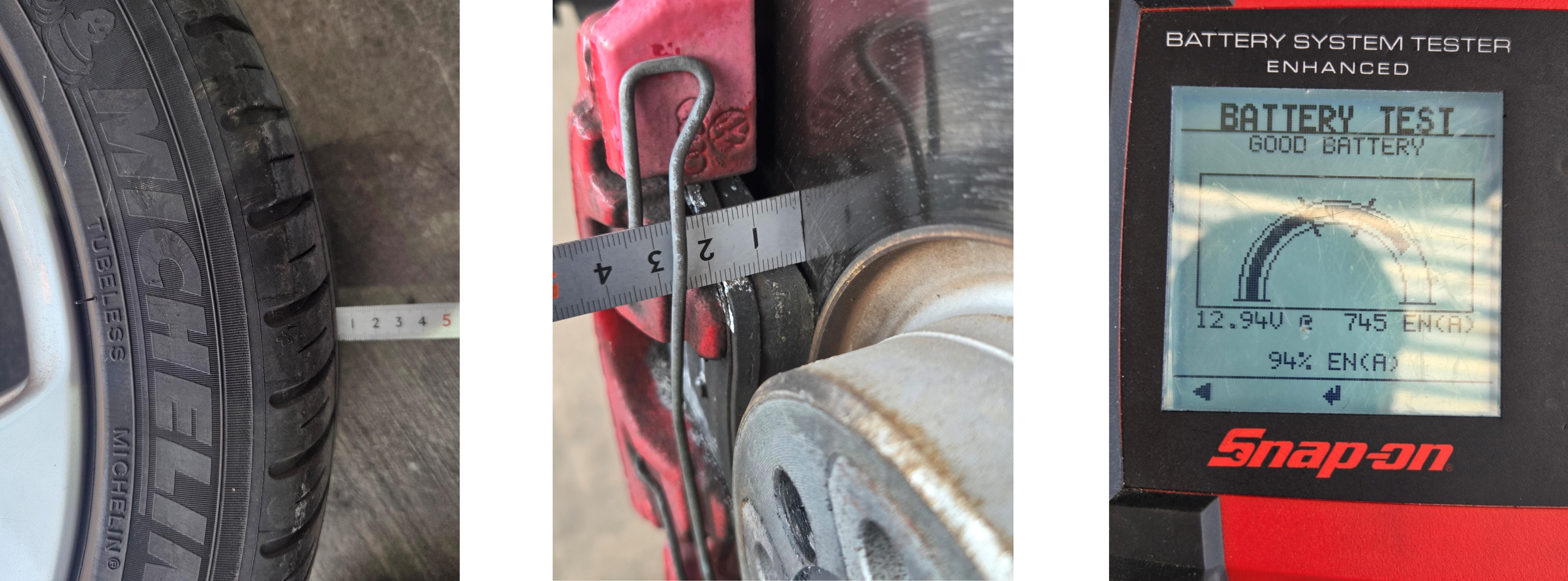 ゴルフタイヤ・ブレーキ残量測定、バッテリー電圧測定