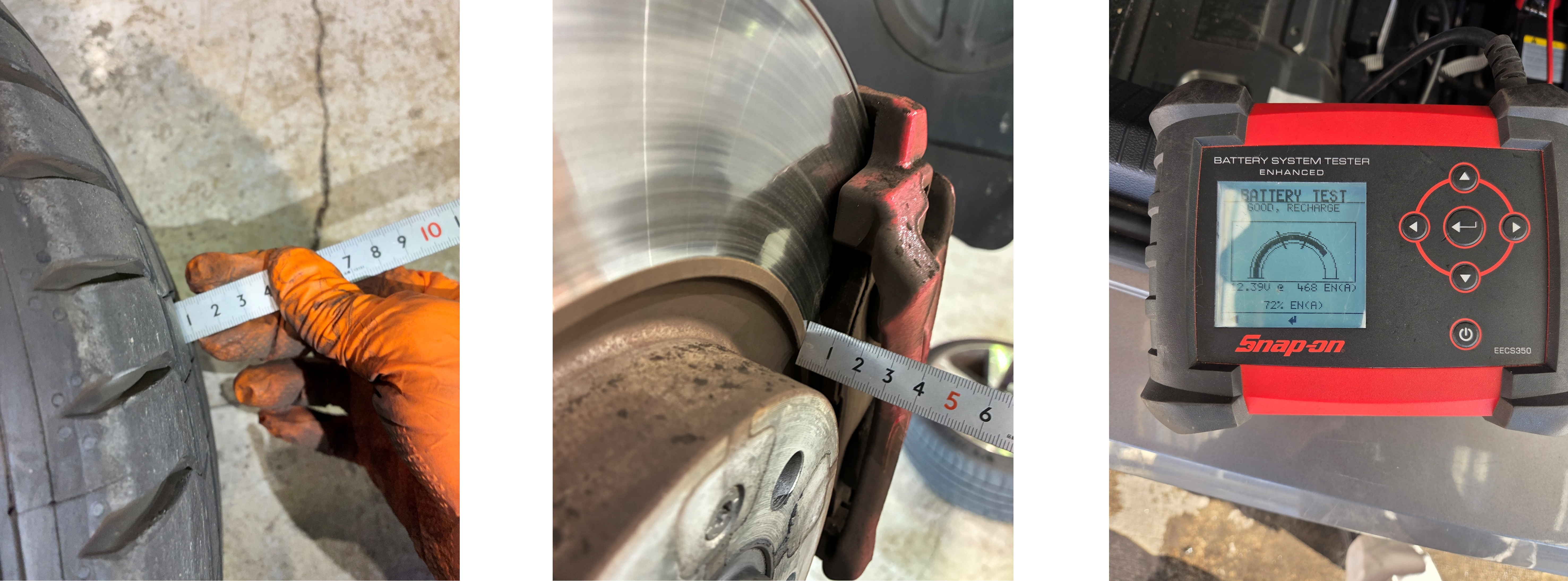 ポロGTIタイヤ・ブレーキ残量測定、バッテリー電圧測定