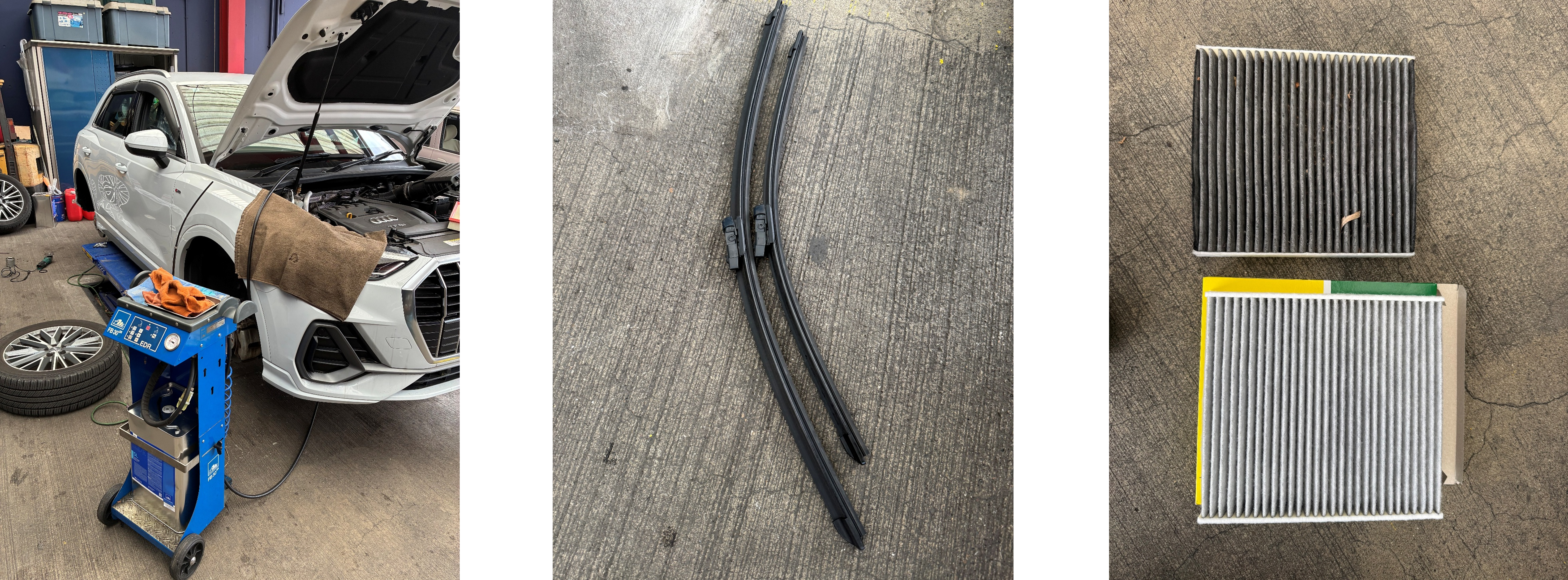 Q3ブレーキフルード交換・エア抜き、ワイパーブレード交換、エアコンフィルター交換