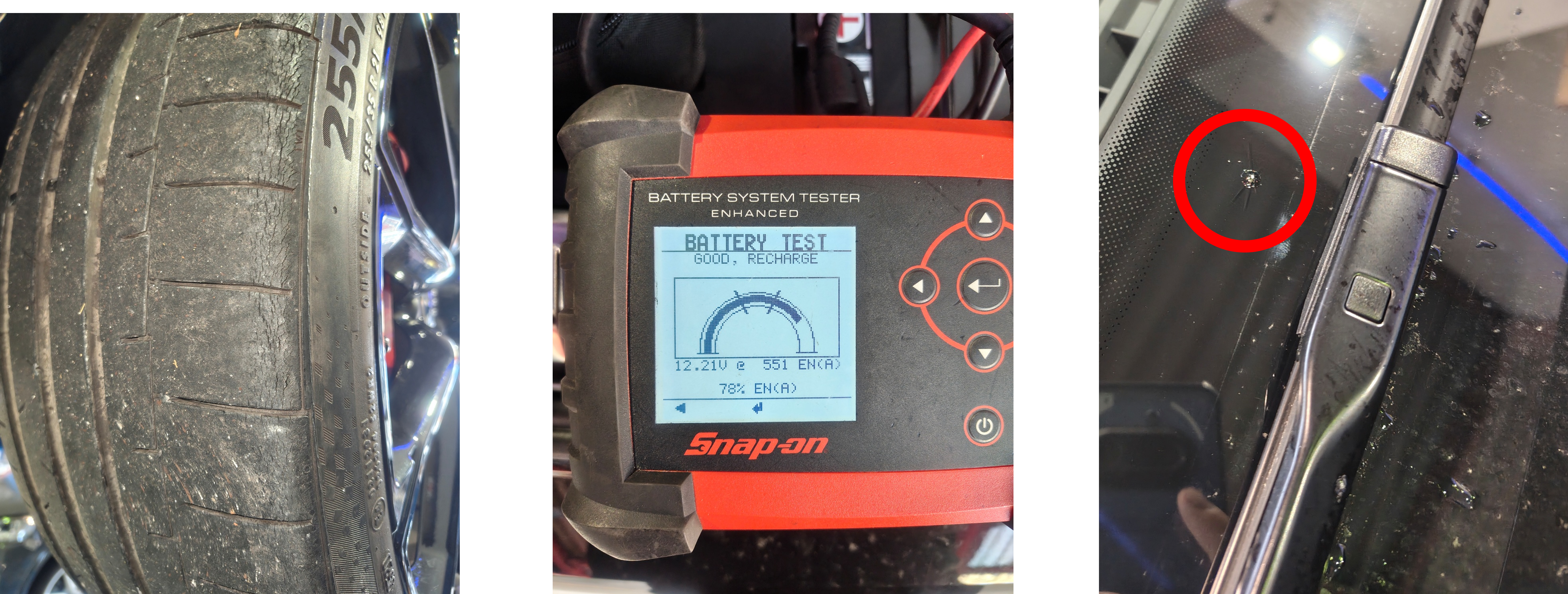 RSQ3タイヤ残量測定、バッテリー電圧測定、飛び石リペア